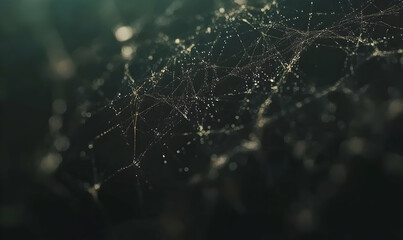 Intricate spiderweb glistening with morning dew, dark background, abstract texture, nature detail.
