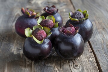 Poster - Fresh purple fruits arranged on a wooden table, great for food styling or as a still life prop