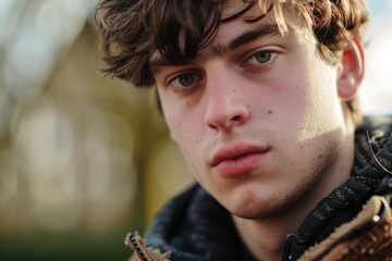 Aufkleber - A person with their face partially obscured by a jacket, ideal for use in portraits or fashion photography