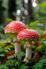 Poster - Lush forest with two red mushrooms growing among the green foliage