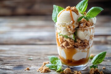 Aufkleber - A sweet treat featuring a scoop of creamy ice cream smothered in sticky caramel sauce