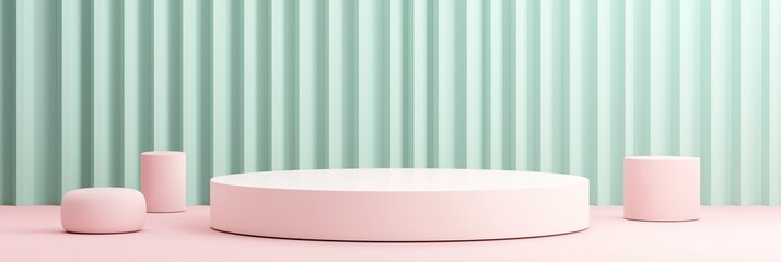 Poster - Pastel pink, mint green abstract display podium platform for product presentation. Minimalist scene backdrop with clean design. Empty stage suitable for cosmetics fashion product display. Modern,
