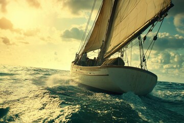 Poster - A sailboat gliding across the open ocean, with waves and sea spray