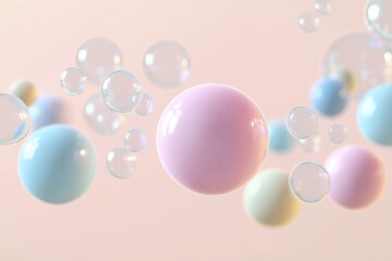 Poster - Pastel balls, soap bubbles float on pastel background. Soft colours create cheerful abstract scene. 3D rendering shows spheres, bubbles in motion. Image evokes sense of light, fun. Image perfect for