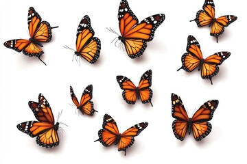 Poster - A cluster of vibrant orange butterflies sit on a clean white surface, their delicate wings spread wide