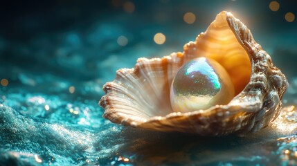 Poster - A pearl inside a shell on a blue surface, ideal for use in designs related to jewelry, nature or elegance