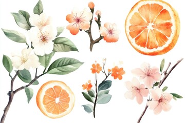 Poster - A still life featuring a collection of oranges and flowers against a clean white backdrop