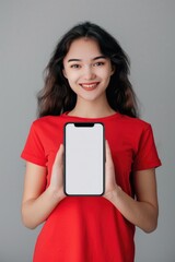 Poster - A woman holds a white phone while wearing a red shirt