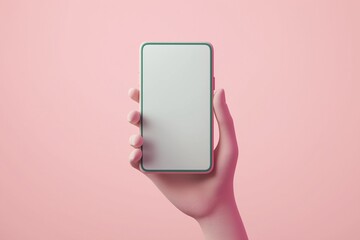 Poster - Minimalist 3d render of hand holding modern smartphone. Empty screen provides blank space for mockup design. Hand holds phone in casual manner. Pastel pink background creates simple aesthetic. Scene