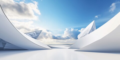 Aufkleber - Surreal minimalist architecture scene. Geometric shapes create futuristic landmark. White structures stand against blue sky with clouds. Empty space for product display. Fantastic design. Modern