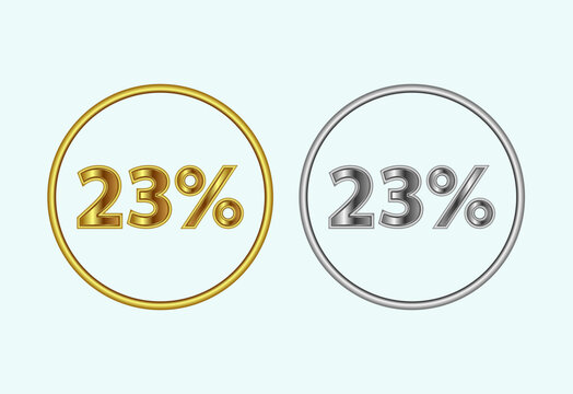 23 percent icon, 23 percent sign symbol in gold and silver color