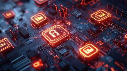 Poster - Close-up shot of a computer motherboard with bright red neon lights highlighting the components