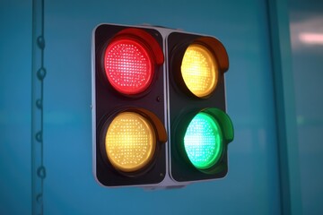 Wall Mural - Close-up shot of a traffic light with red, yellow and green lights