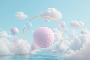 Poster - Pastel pink spheres, transparent bubbles float gently in dreamy sky scene. Fluffy clouds drift above calm ocean. Golden ring frames scene. Abstract, colorful space filled with shapes, colors.