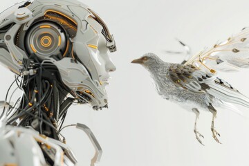 Poster - A bird perches beside a robot's head, offering an unusual friendship
