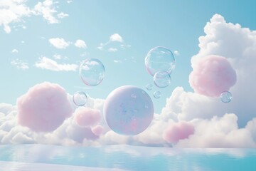 Poster - Pastel colored balls and soap bubbles float in a sky filled with fluffy clouds. A serene ocean reflects the pastel sky. This dreamy scene evokes a feeling of peace and wonder.