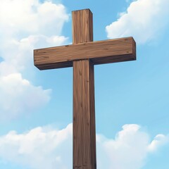 Wall Mural - Wooden cross against bright sky with clouds. Simple design. Religious symbol. Faith concept. Spiritual theme. Christian imagery. Isolated object. Outdoor scene. Nature background. Peaceful scene.