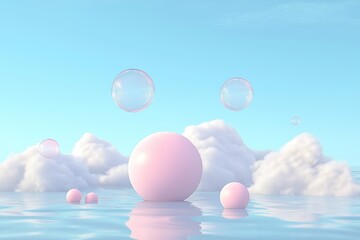 Poster - Pastel pink spheres float gently on calm ocean surface. Fluffy clouds drift across light blue sky. Transparent soap bubbles float in clouds. Dreamy scene of ethereal paradise. Soft light bathes
