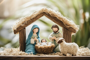 Wall Mural - Christmas nativity scene Creche with Joseph Mary, Jesus and lamb