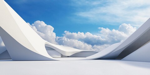 Poster - Surreal white minimal architecture display futuristic scene. Geometric shapes, abstract design form landmark structure. Empty space under beautiful blue sky with fluffy clouds. Modern structure with