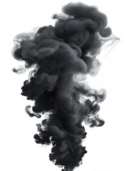Poster - Dark smoke plumes rise against white background. Abstract shapes, forms create mysterious aesthetic. Isolated dark smoke cloud against white backdrop. Dramatic, intense image evokes feelings of