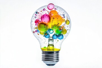 Poster - A light bulb filled with colorful bubbles, useful for designs related to creativity and inspiration