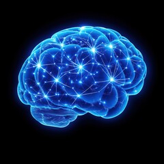 Poster - Illustration shows glowing blue tech brain with highlighted neural connections. Complex network suggests advanced tech brain. Future tech potential illustrated. Photo great for medical tech articles,