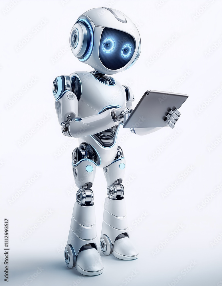 Cute AI robot using tablet while standing facing camera Stock Photo ...
