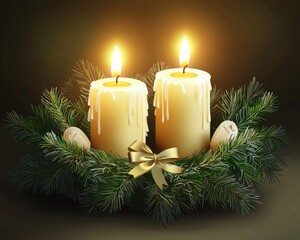 Two lit candles surrounded by lush greenery and decorative elements, creating a warm and inviting atmosphere.