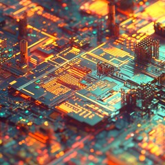 Poster - An intricate, glowing circuit board with vibrant orange and blue hues, showcasing advanced technology and design.