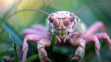 Sticker - Pink insect in green grass. AI.