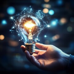 Poster - A male hand holding a glowing light bulb, symbolizing innovation and creative ideas against a blurred background.