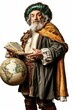 © Murda - Elderly man, historical garb, book, globe, serious expression.