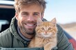 © Nata - A smiling man with a cat in the back seat of a car. Generative AI