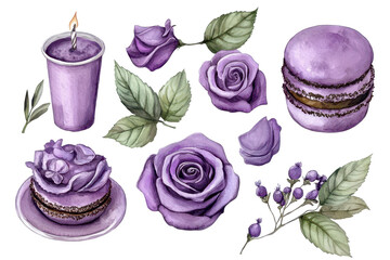 Wall Mural - purple flowers, cake and candle on a white background