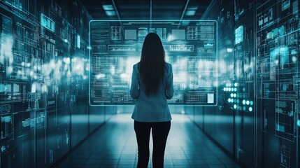 Fototapete - Professional woman analyzing data in a futuristic server room, emphasizing technology, cybersecurity, and IT innovation in modern business environments, Generative AI