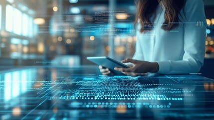 Fototapete - Businesswoman interacting with a futuristic digital interface and tablet, highlighting innovation, analytics, and smart technology in a modern workspace, Generative AI