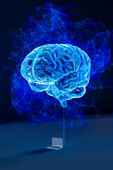 AI links to a glowing brain in a futuristic setup