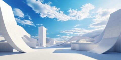 Poster - Futuristic minimal architecture landscape with white geometric shapes under blue sky with clouds. Abstract design. Empty space. Panoramic view. Stylish landmark. Modern building structures. Elegant