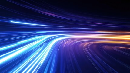 Poster - Abstract 3d render shows fast motion of light trails, beams. Dynamic curves illustrate high speed, power. Futuristic design with bright neon blue, warm orange colors. Image evokes speed, futuristic