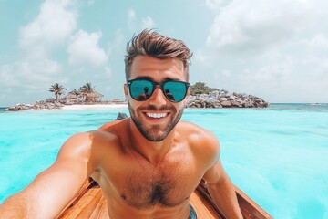 Wall Mural - Young caucasian male enjoying tropical beach vacation on sunny day