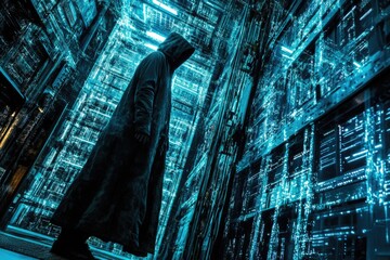 Mysterious figure in a hooded cloak among high-tech illuminated servers