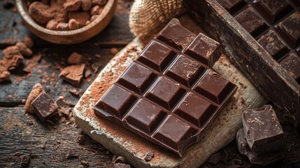 Wall Mural - Close-up of dark chocolate bar with cocoa powder