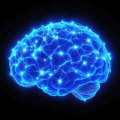 Poster - Blue glowing brain illustration shows complex neural connections. Brain anatomy with illuminated network. Digital representation of human brain structure. Medical scientific concept. Bio tech