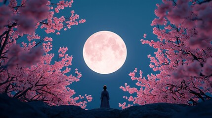 Wall Mural - Serene Night Pink Moon Cherry Blossoms Tranquil Scene