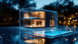 © CuteChicken - House blueprint. A futuristic digital house model illuminated at night, featuring a pool and surrounded by glowing lights, showcasing modern architectural design.