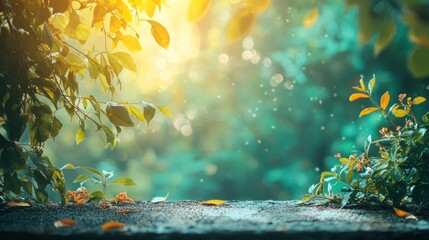 Wall Mural - sunlit garden scene with green leaves and golden glow