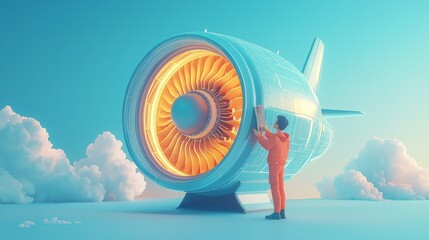 Poster - Aviation engineer inspecting giant futuristic jet engine in surreal dreamlike landscape, symbolizing advanced aerospace technology and mechanical innovation, Generative AI