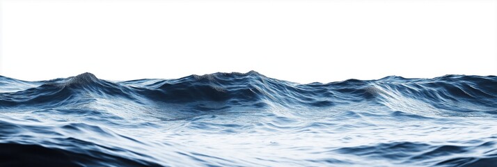 Poster - Wide horizontal view of water surface with waves. Ocean surface in deep blue hues. Calm, serene water texture. Isolated against white background. Suitable for variety of uses like digital art