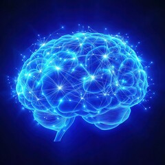 Poster - Blue glowing brain illustration shows complex network connections. Brain structure with light pathways. Abstract representation of neural network. Modern tech concept. Digital art style for tech
